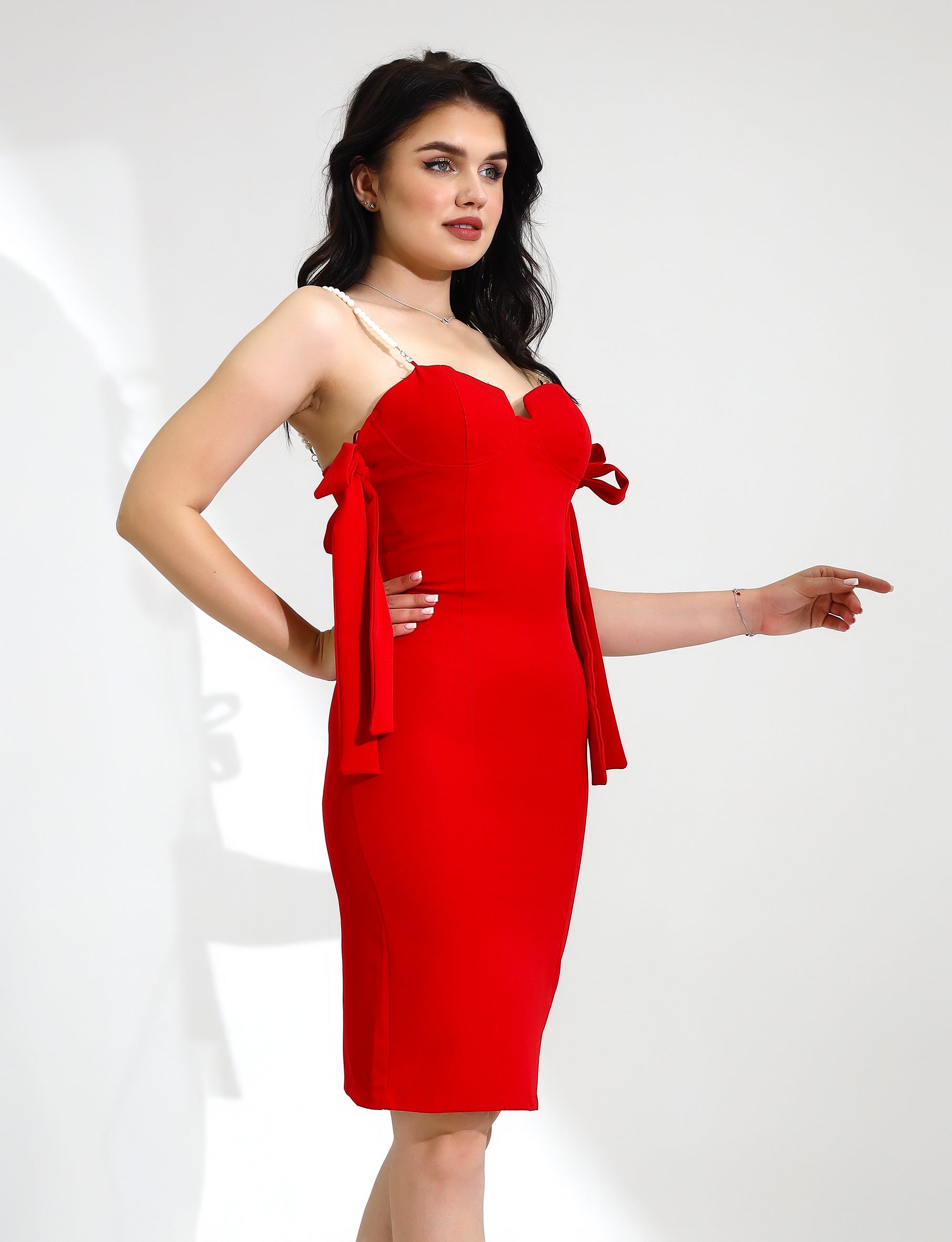Stunning Red Bodycon Dress with Pearl-Embellished Straps - Stayele Store S