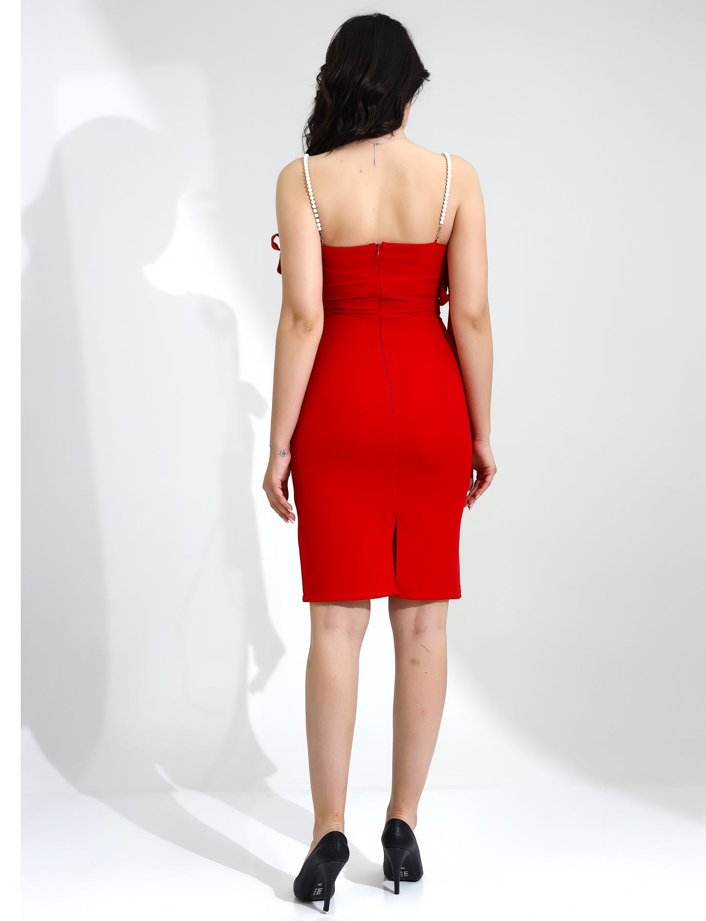 Stunning Red Bodycon Dress with Pearl-Embellished Straps - Stayele Store S