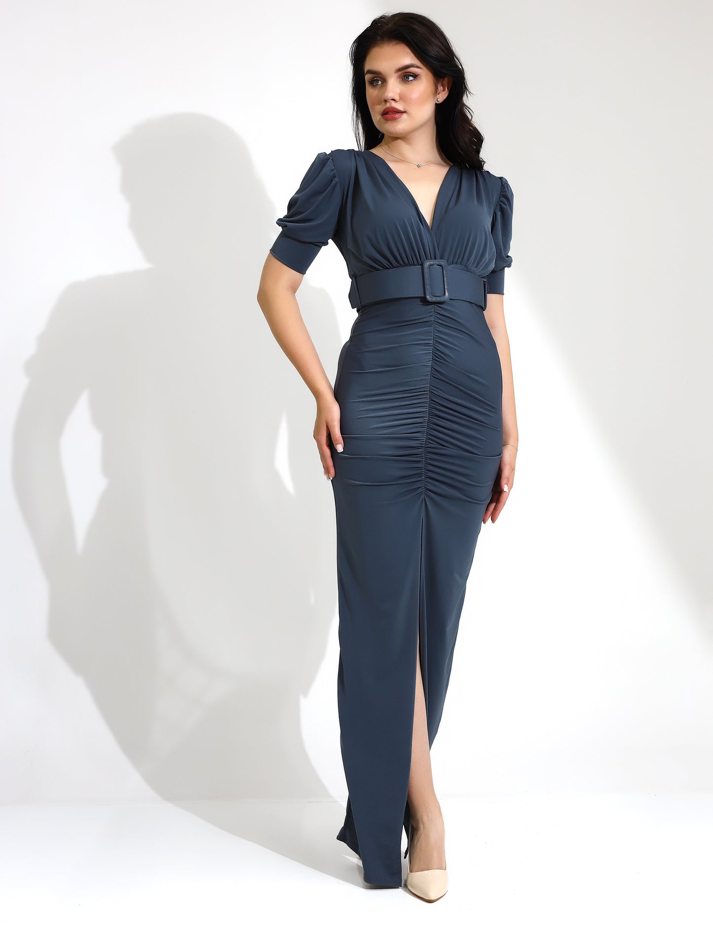 Elegant Ruched V-Neck Maxi Dress