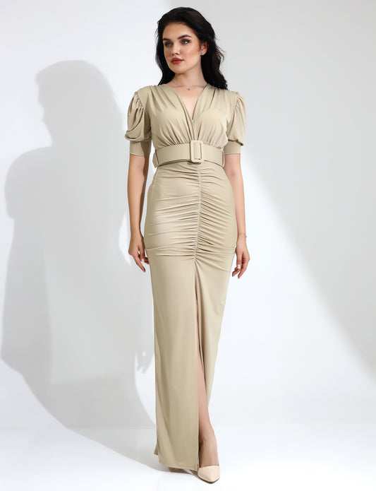 Elegant Ruched Belted Maxi Dress