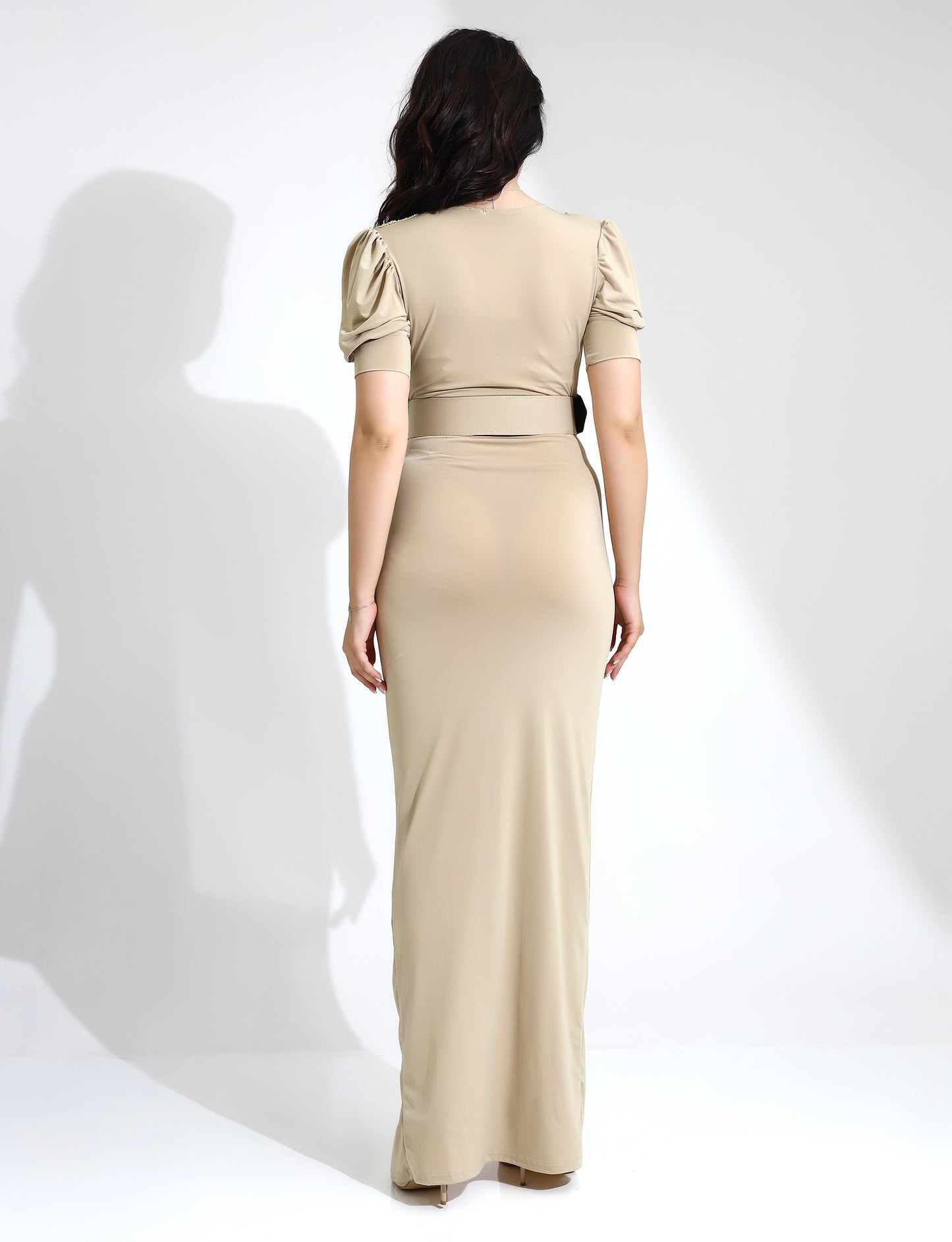 Elegant Ruched Belted Maxi Dress