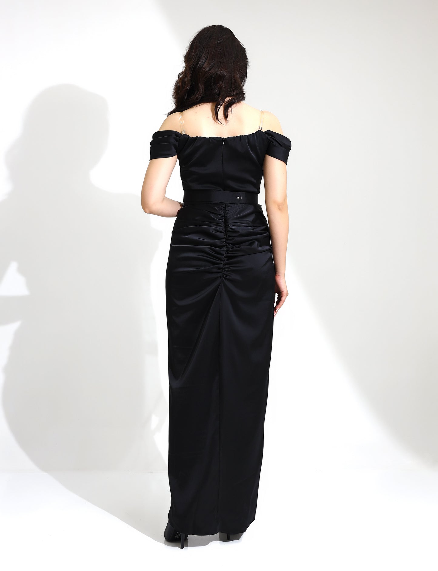 Elegant Off-Shoulder Black Evening Gown with Embellished Details