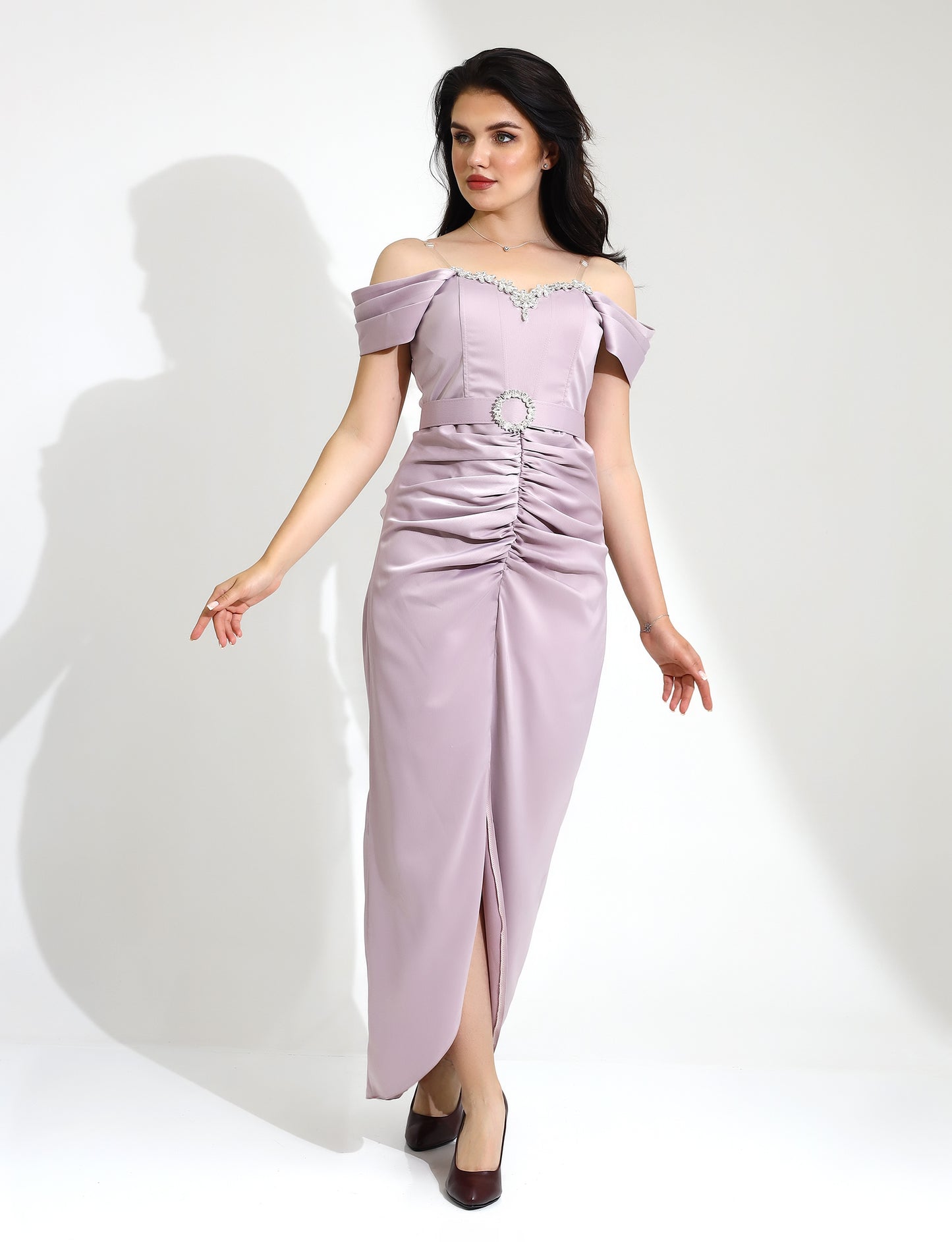 Elegant Off-Shoulder Evening Gown with Embellished Neckline