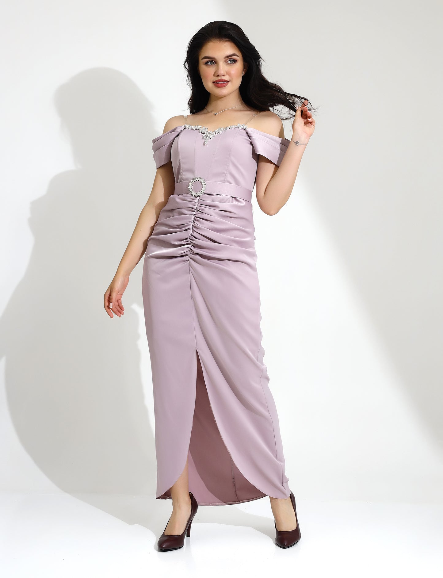 Elegant Off-Shoulder Evening Gown with Embellished Neckline