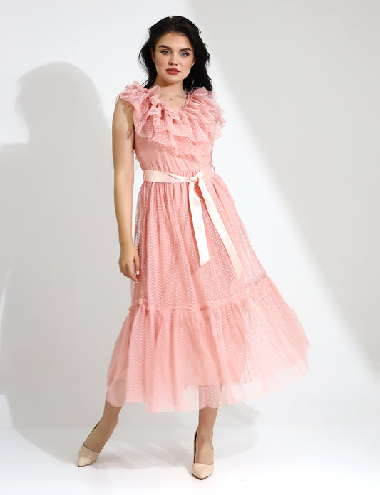 Elegant Ruffled Maxi Dress with Satin Ribbon Belt