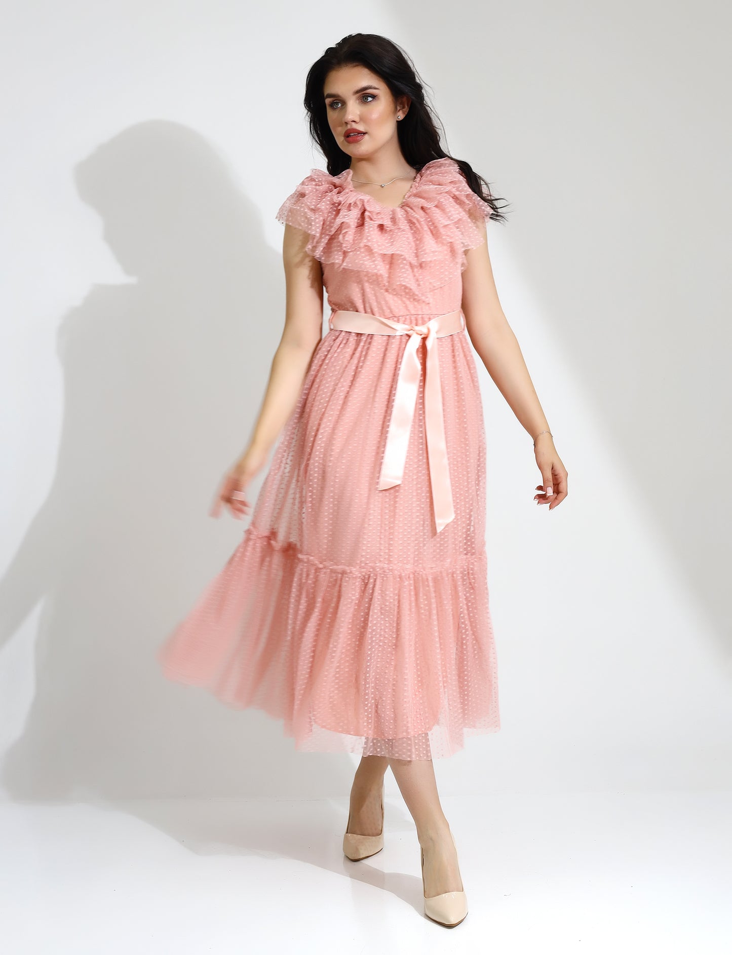 Elegant Ruffled Maxi Dress with Satin Ribbon Belt
