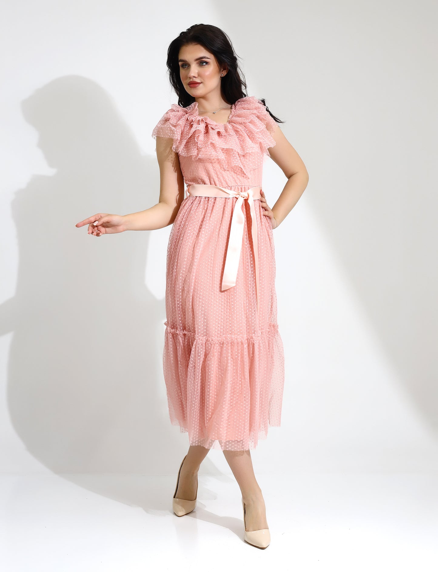 Elegant Ruffled Maxi Dress with Satin Ribbon Belt