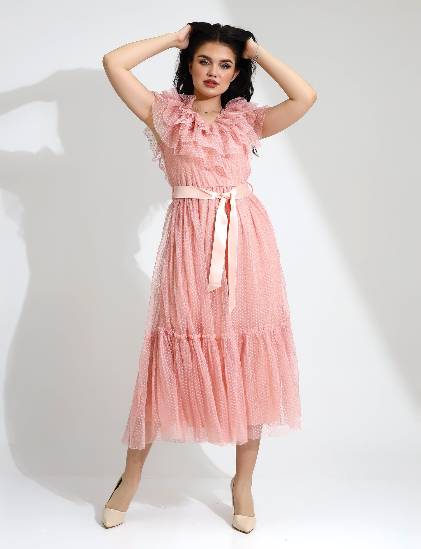 Elegant Ruffled Maxi Dress with Satin Ribbon Belt