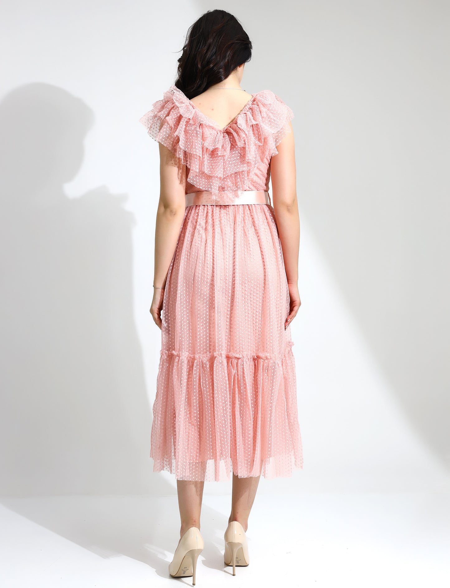 Elegant Ruffled Maxi Dress with Satin Ribbon Belt