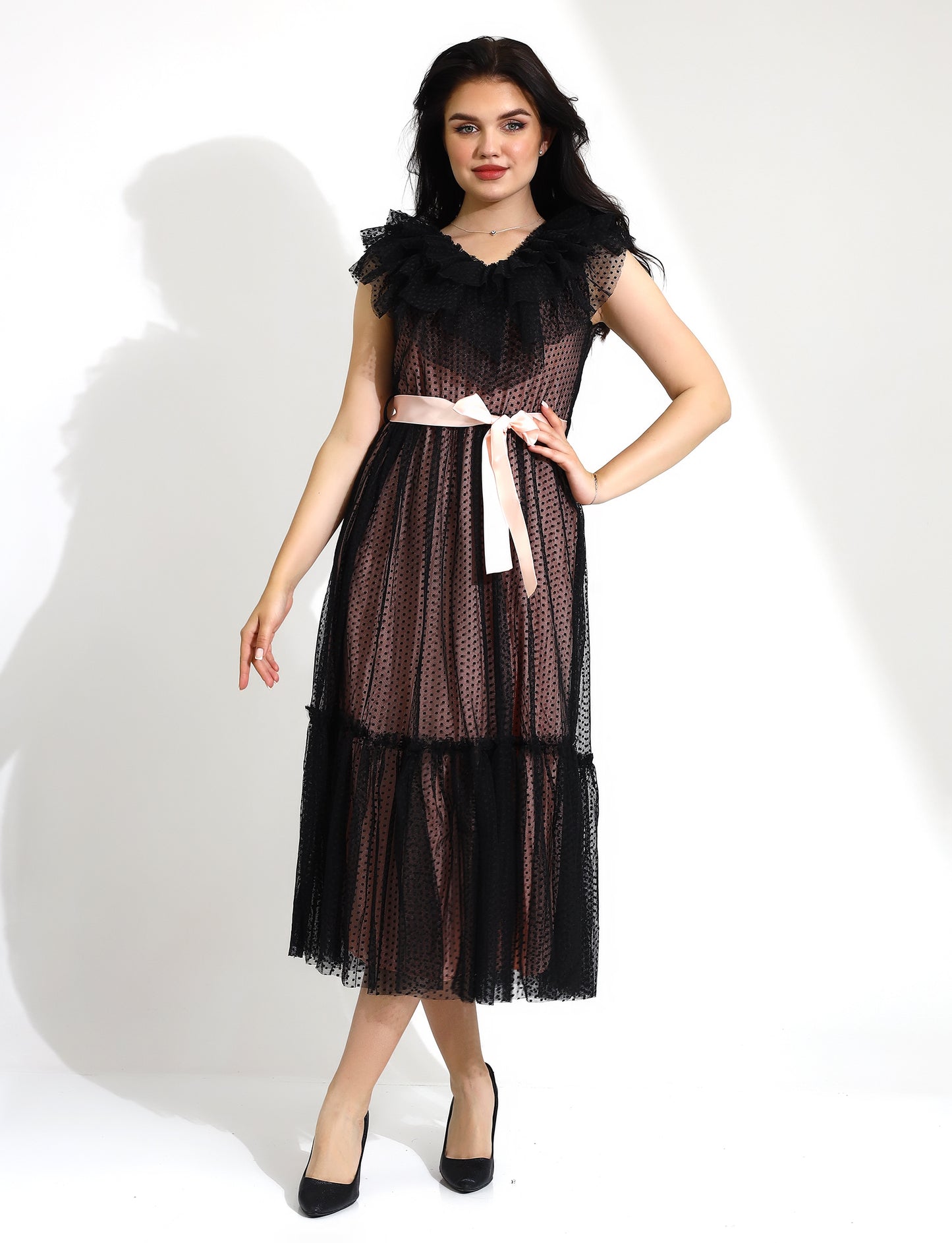 Elegant Ruffled Sleeveless Polka Dot Midi Dress with Sash Belt
