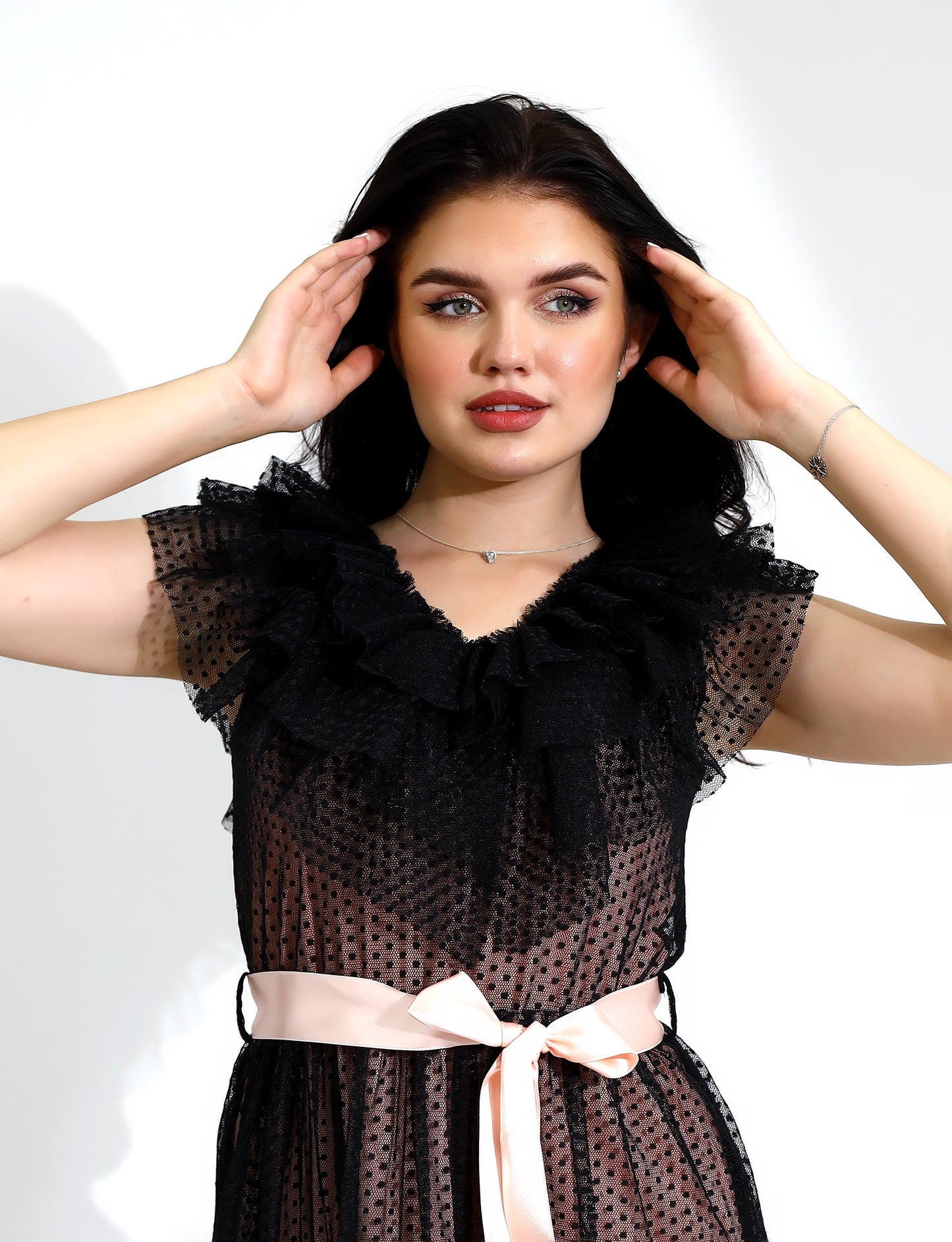 Elegant Ruffled Sleeveless Polka Dot Midi Dress with Sash Belt
