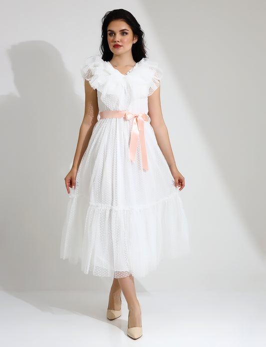 Elegant Ruffle Midi Dress with Polka Dot Tulle