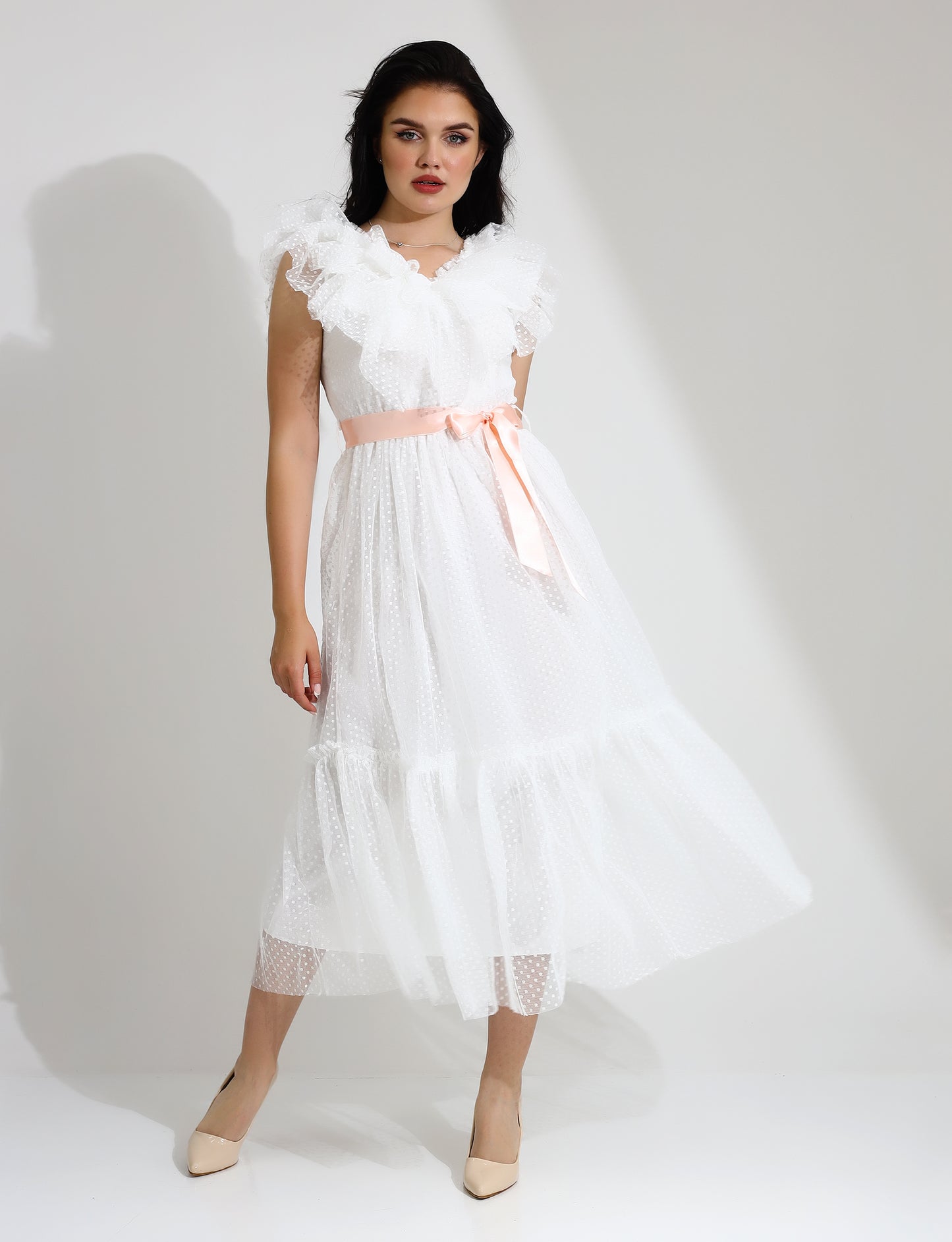 Elegant Ruffle Midi Dress with Polka Dot Tulle