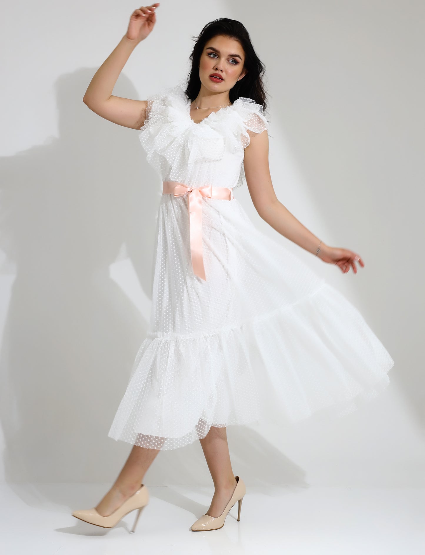Elegant Ruffle Midi Dress with Polka Dot Tulle