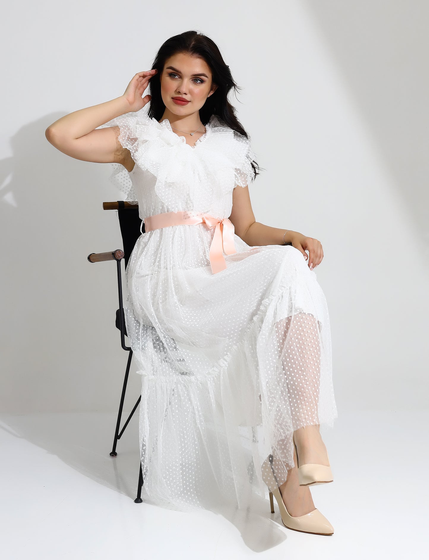Elegant Ruffle Midi Dress with Polka Dot Tulle