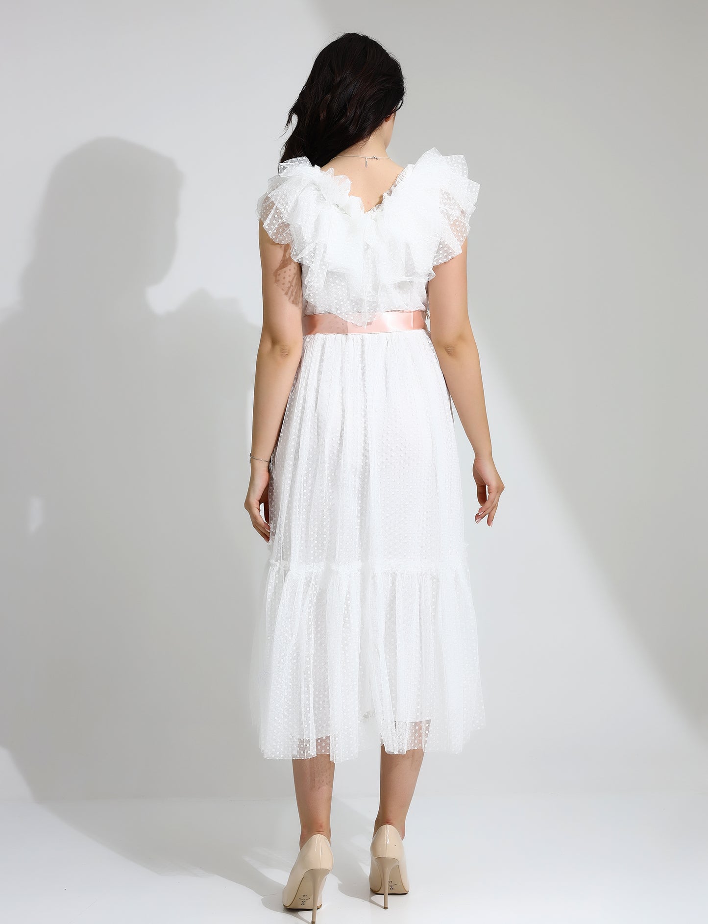 Elegant Ruffle Midi Dress with Polka Dot Tulle