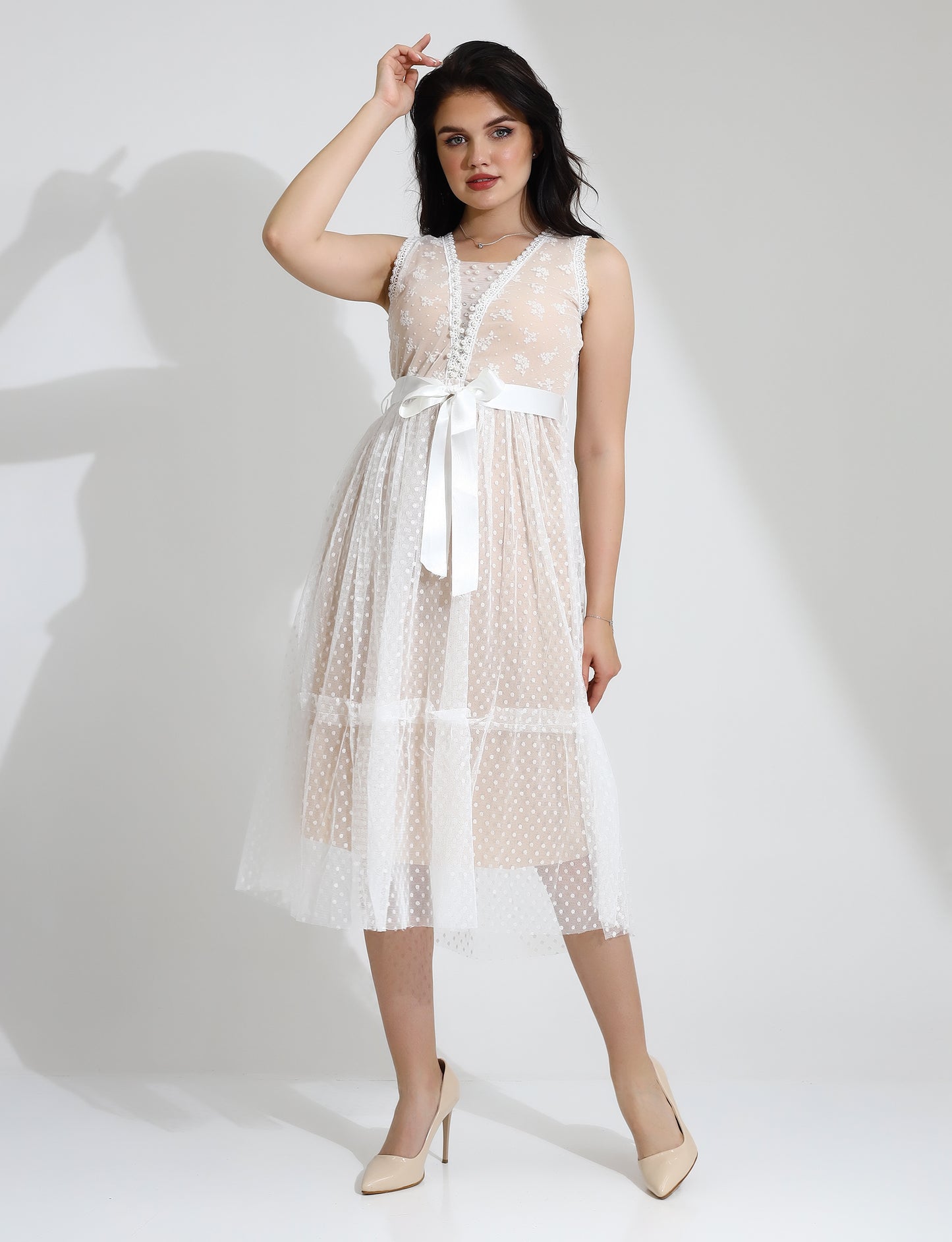 Elegant White Lace Midi Dress with Ribbon Tie