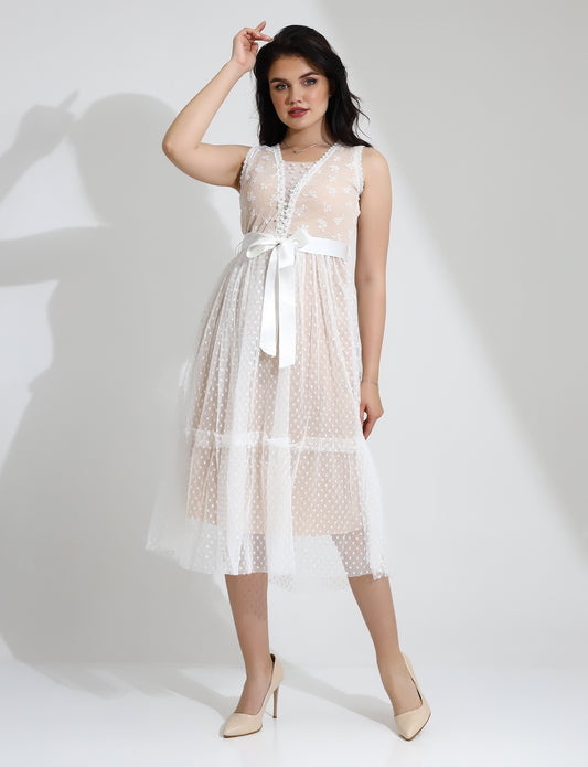 Elegant White Lace Midi Dress with Ribbon Tie