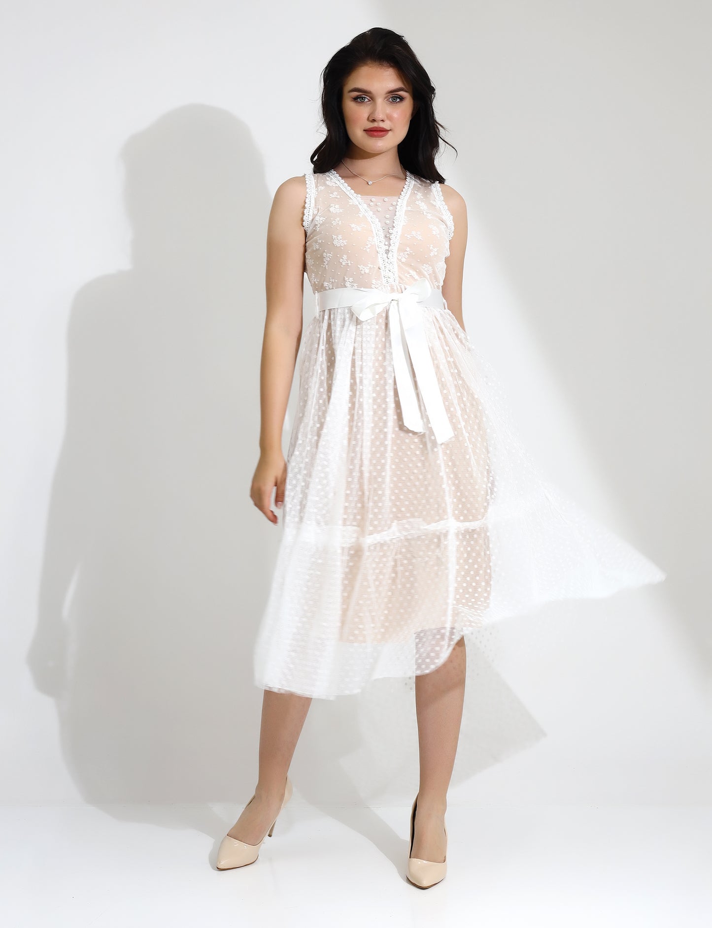 Elegant White Lace Midi Dress with Ribbon Tie