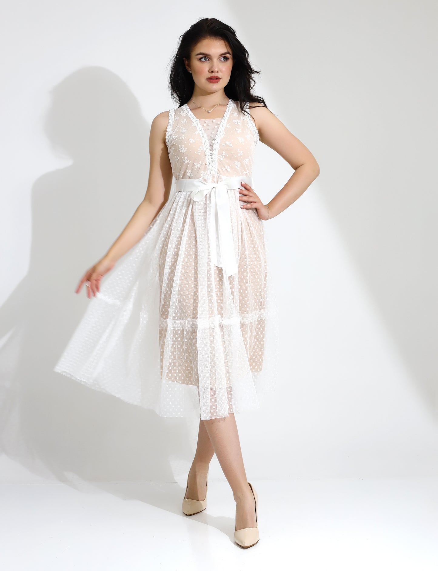 Elegant White Lace Midi Dress with Ribbon Tie