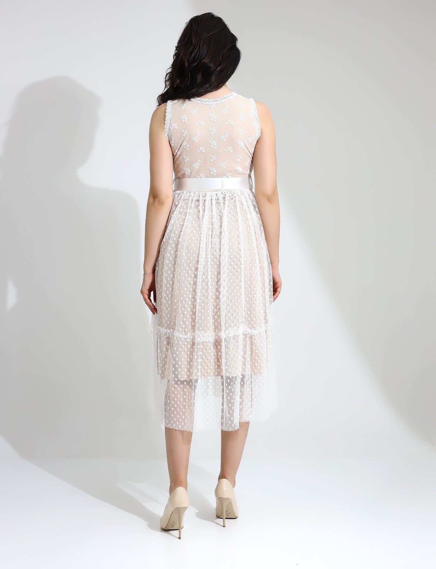 Elegant White Lace Midi Dress with Ribbon Tie