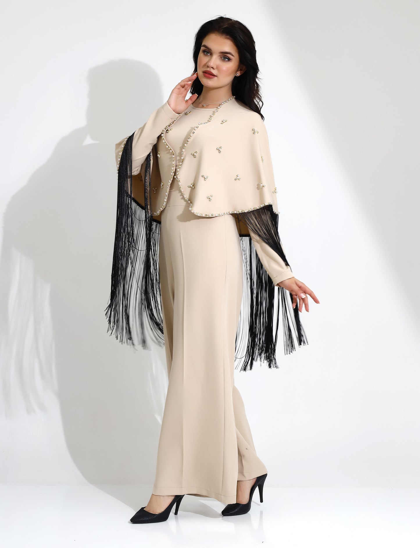 Beige Embellished Jumpsuit with Fringe Detail