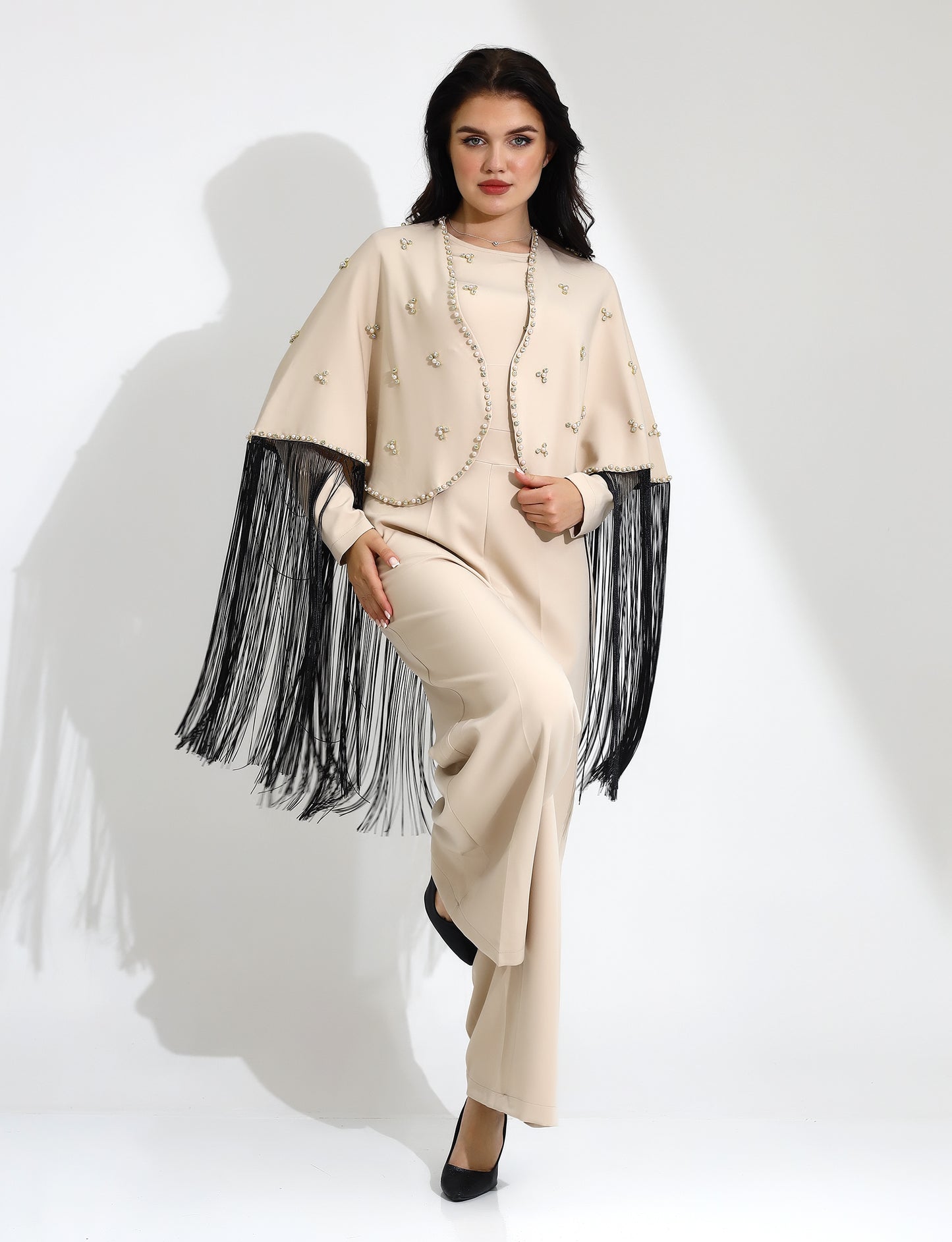 Beige Embellished Jumpsuit with Fringe Detail