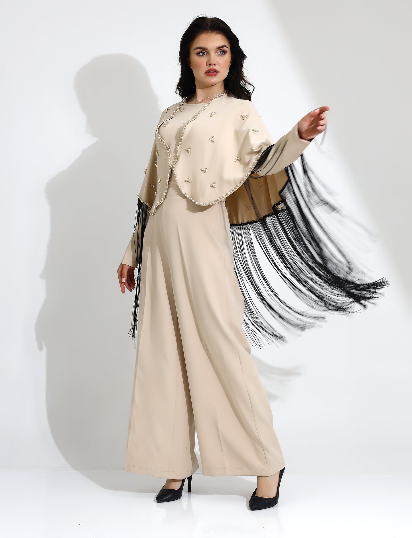 Beige Embellished Jumpsuit with Fringe Detail