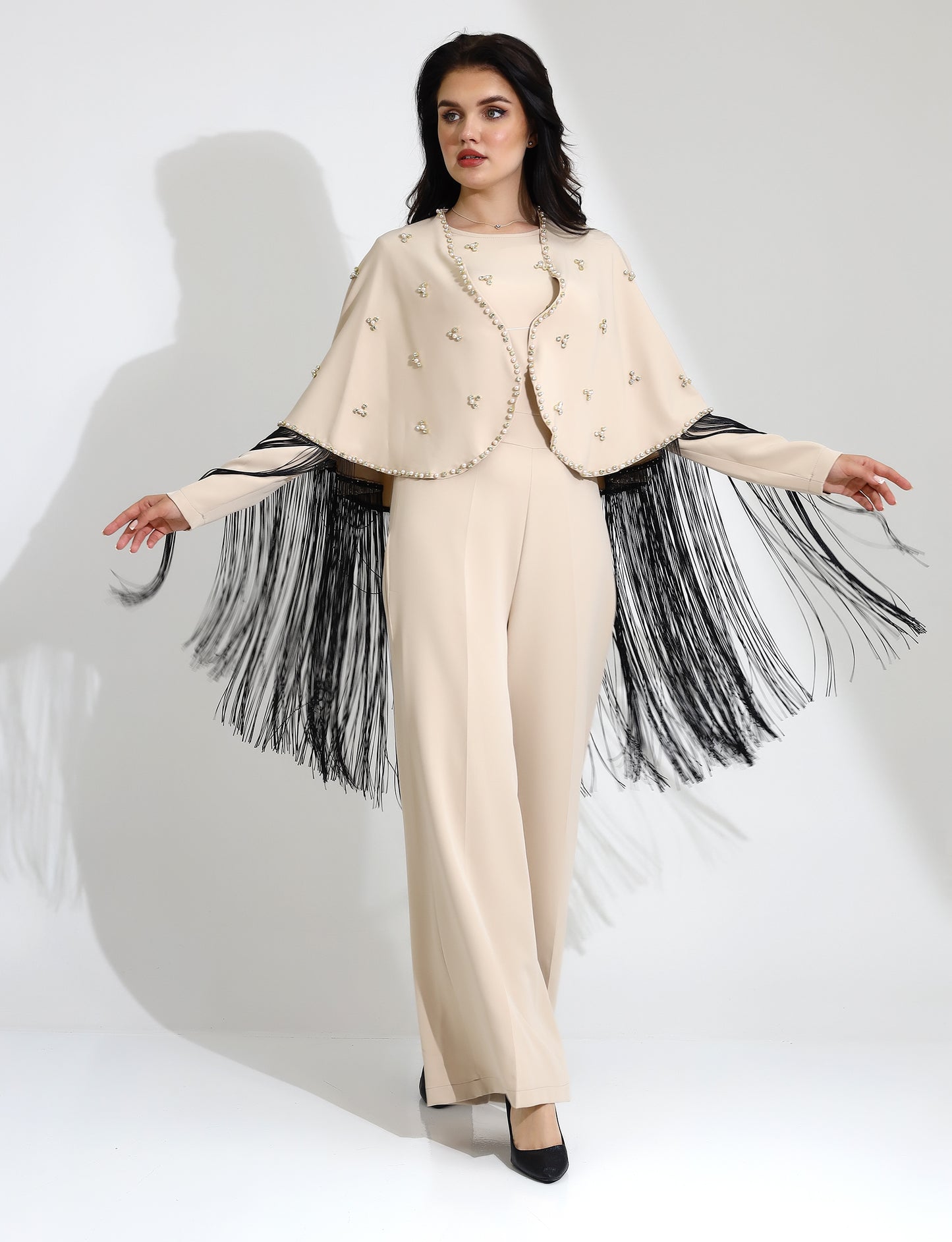 Beige Embellished Jumpsuit with Fringe Detail
