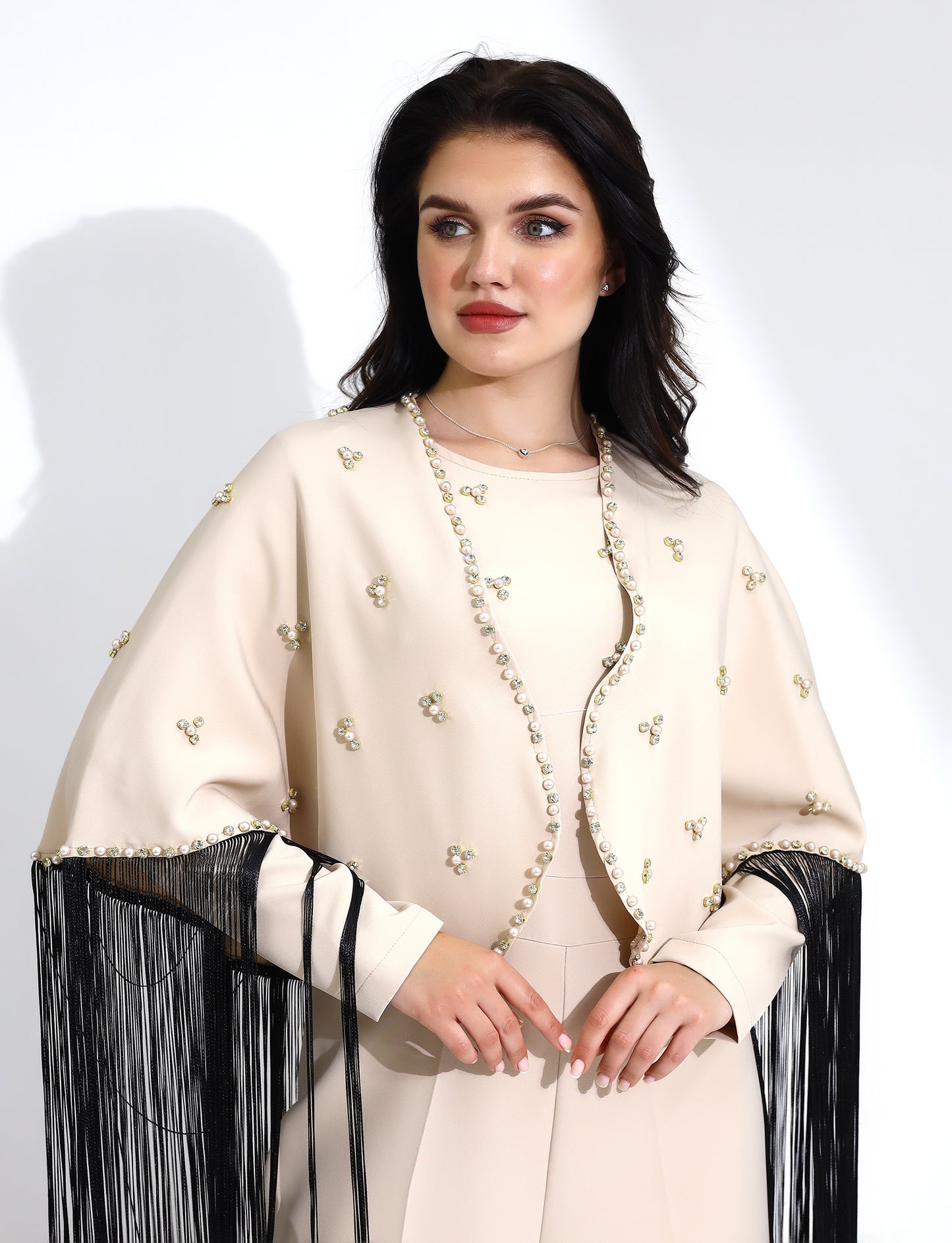 Beige Embellished Jumpsuit with Fringe Detail