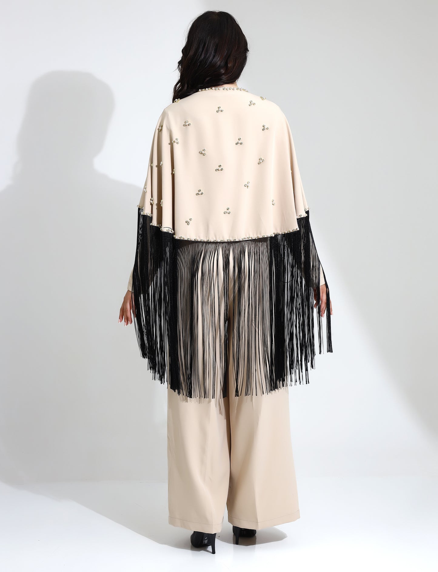Beige Embellished Jumpsuit with Fringe Detail