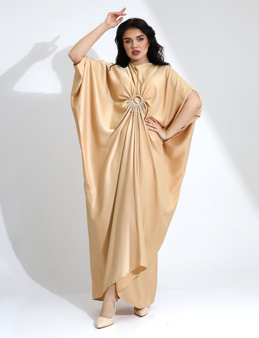 Elegant Beige Satin Kaftan with Rhinestone Detail