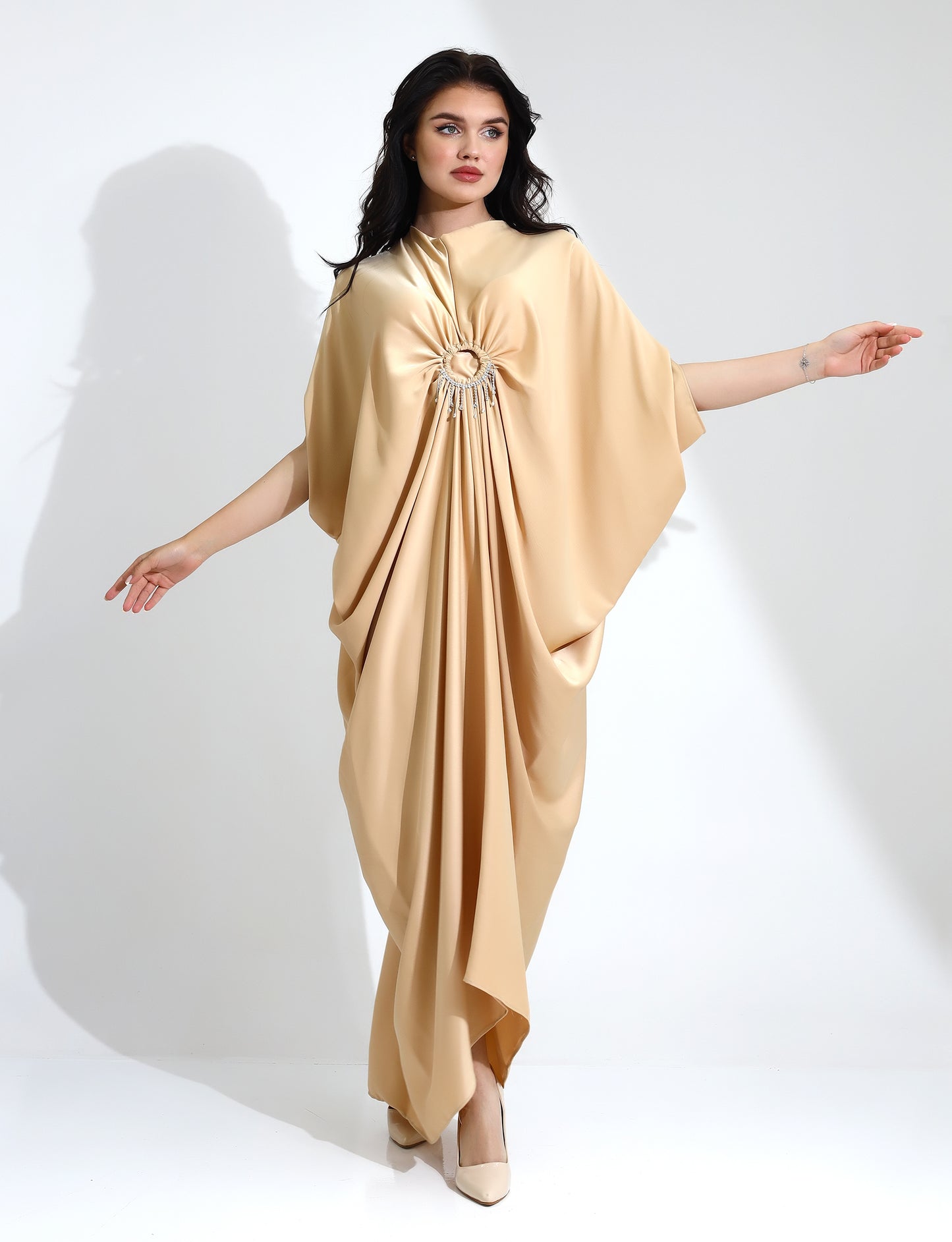 Elegant Beige Satin Kaftan with Rhinestone Detail