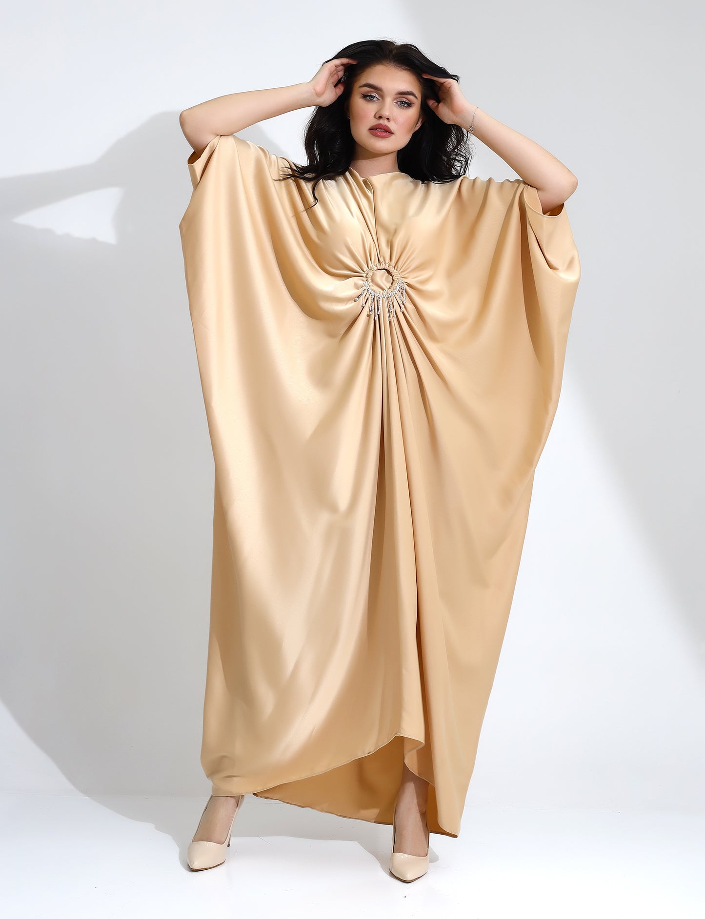Elegant Beige Satin Kaftan with Rhinestone Detail