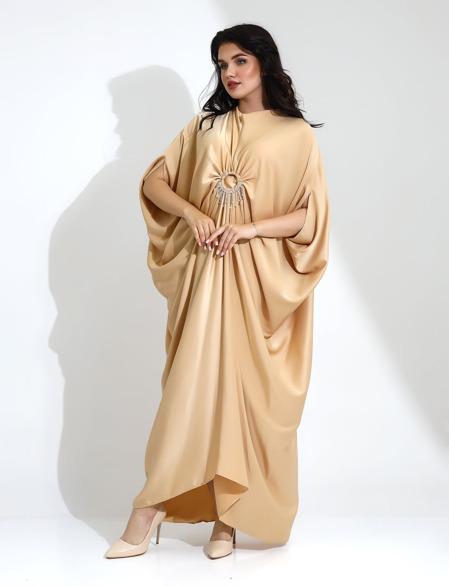 Elegant Beige Satin Kaftan with Rhinestone Detail