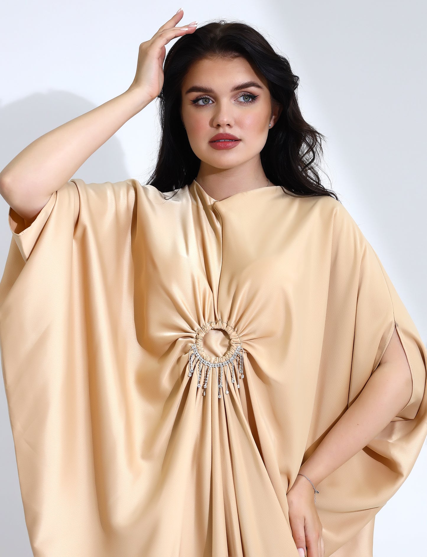 Elegant Beige Satin Kaftan with Rhinestone Detail