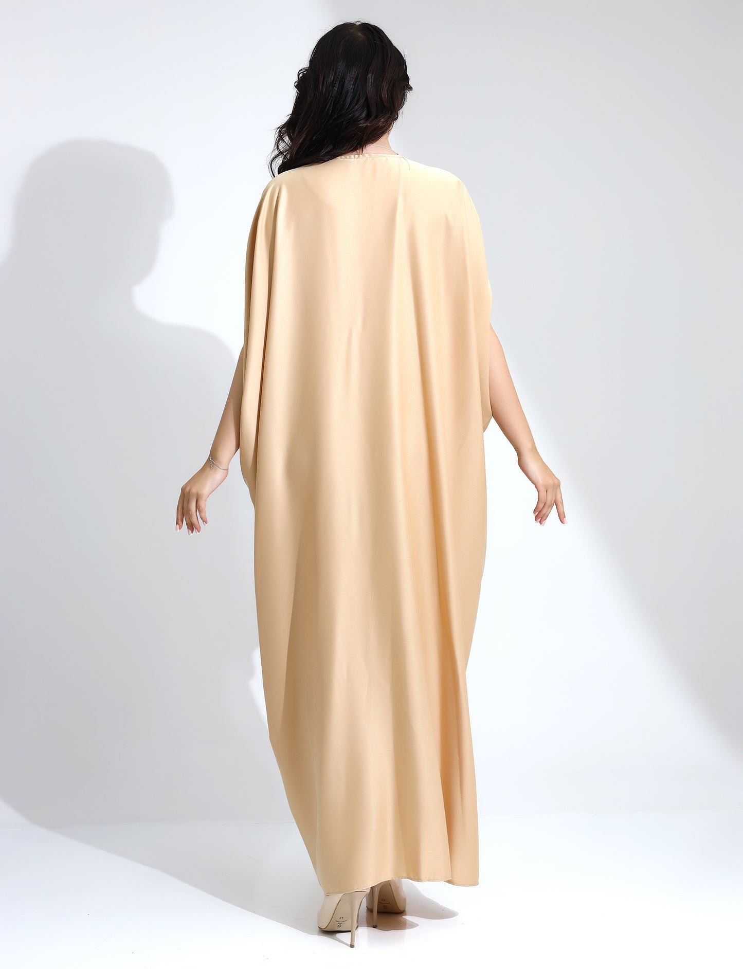 Elegant Beige Satin Kaftan with Rhinestone Detail