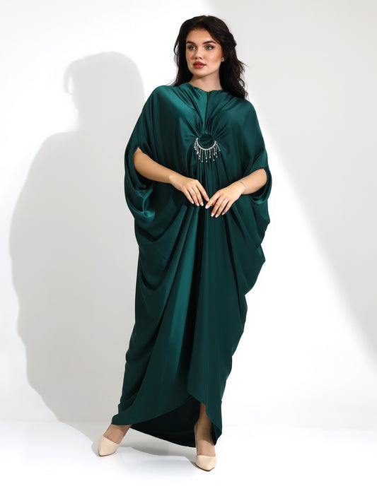 Luxurious Green Satin Kaftan with Brooch