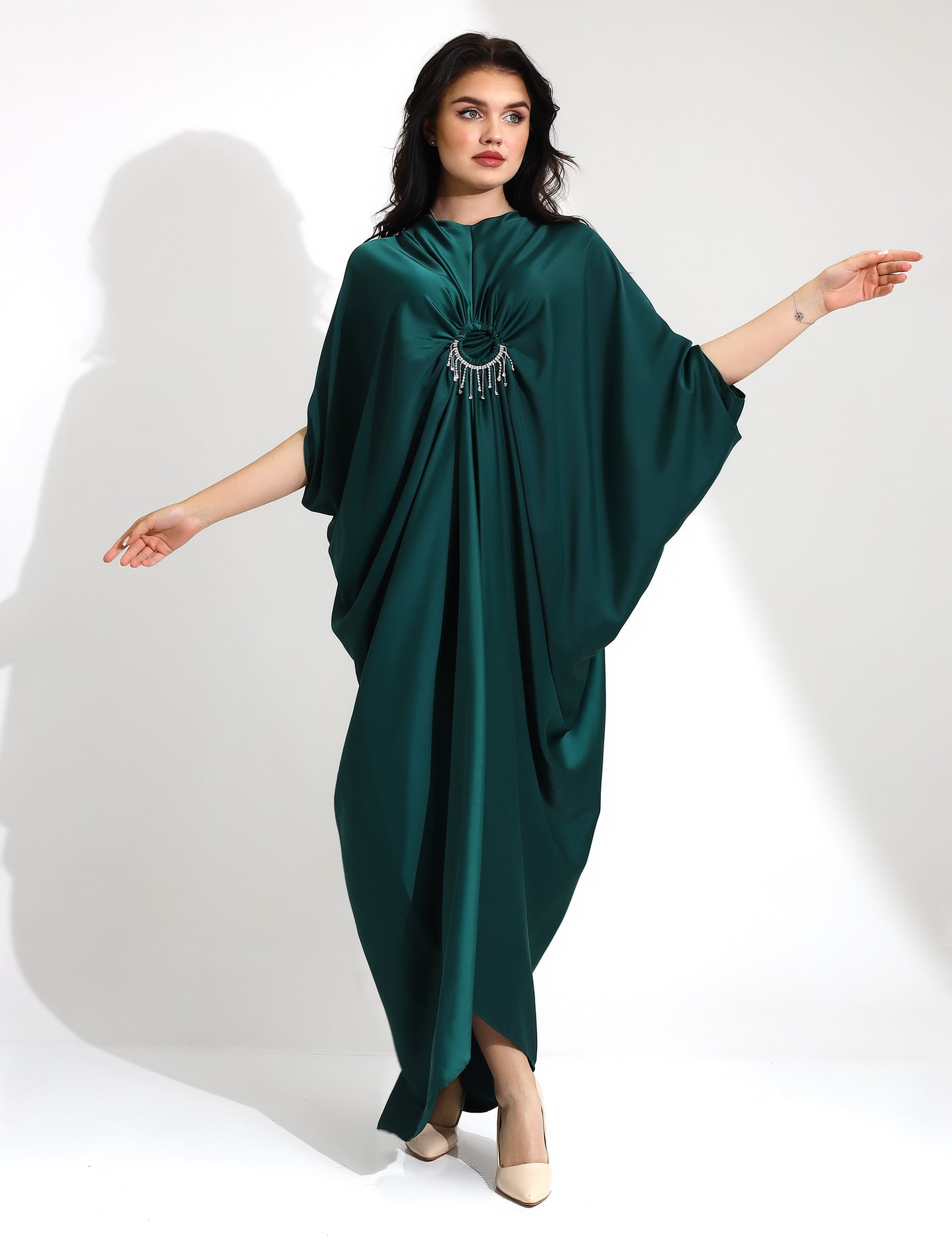 Luxurious Green Satin Kaftan with Brooch