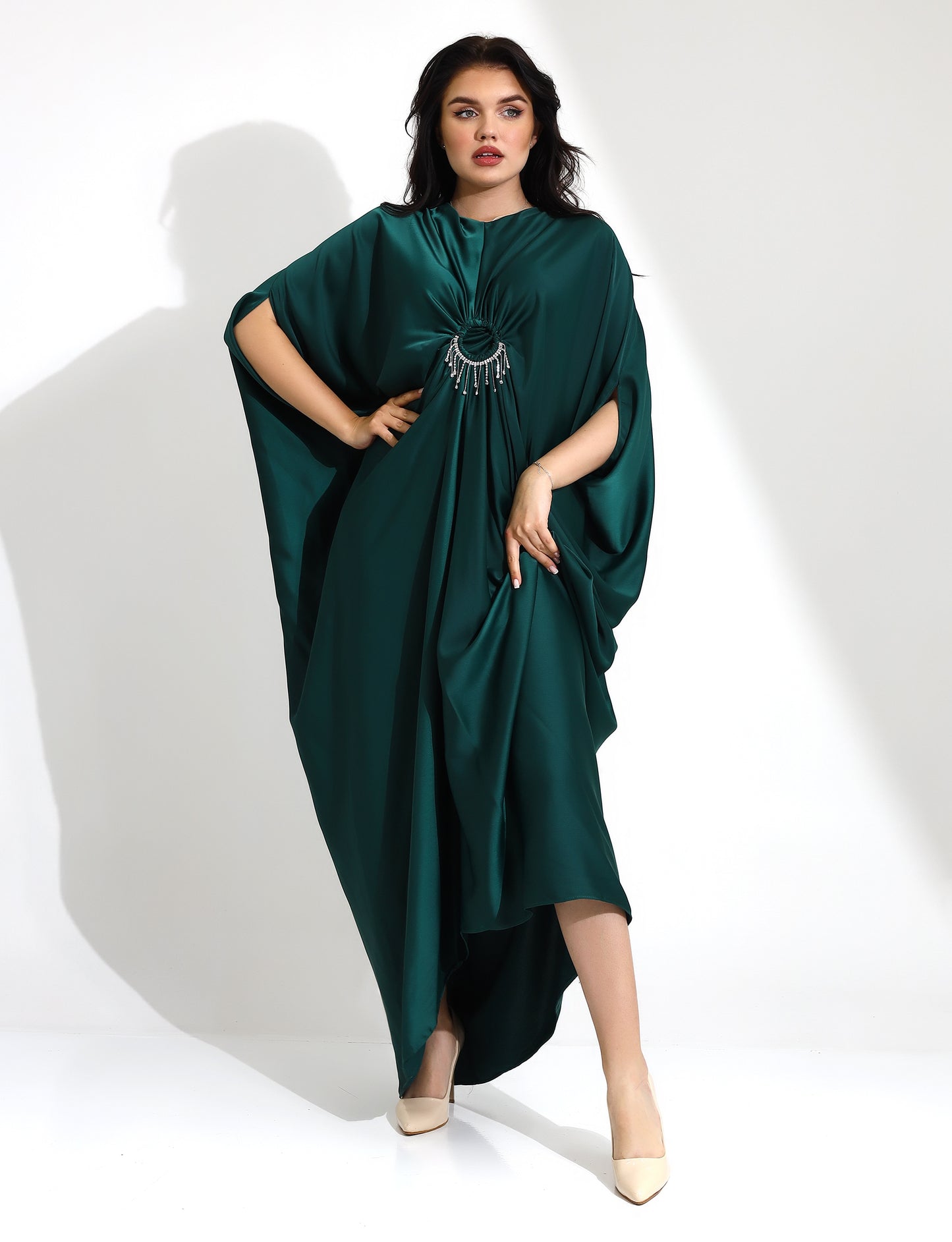 Luxurious Green Satin Kaftan with Brooch