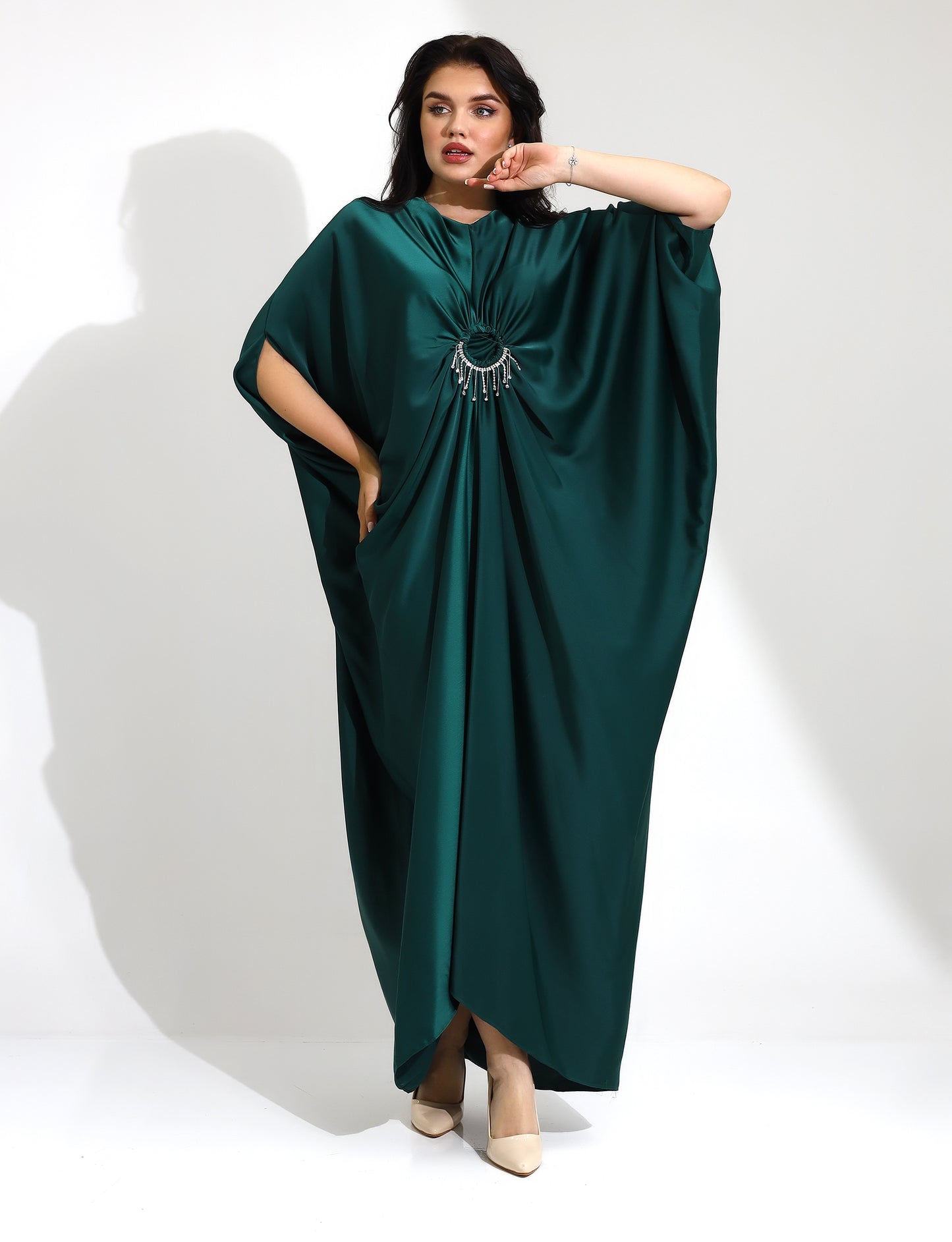 Luxurious Green Satin Kaftan with Brooch