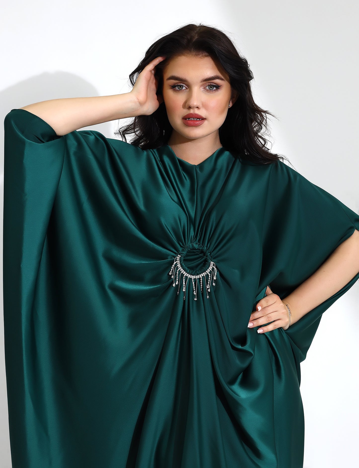 Luxurious Green Satin Kaftan with Brooch