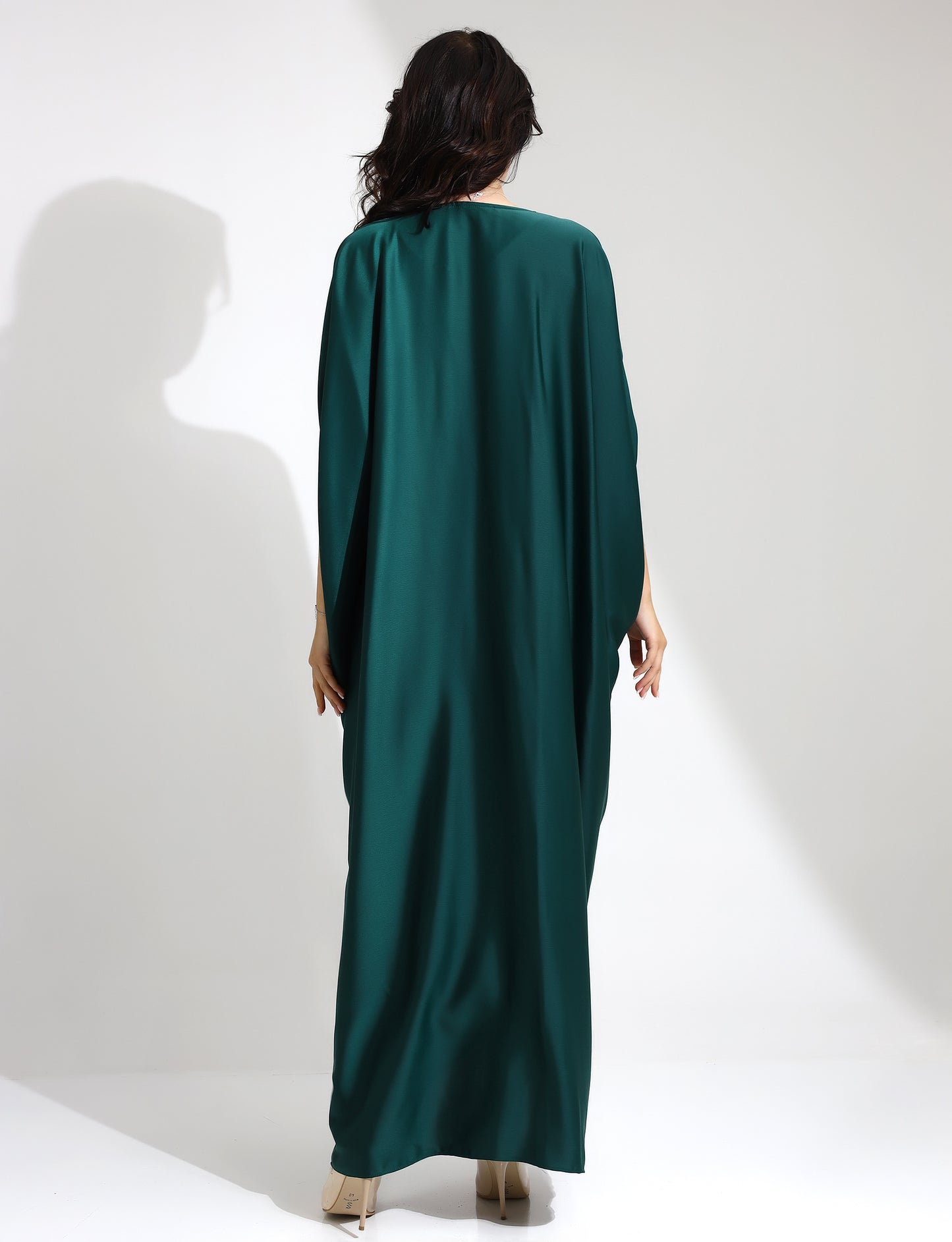 Luxurious Green Satin Kaftan with Brooch