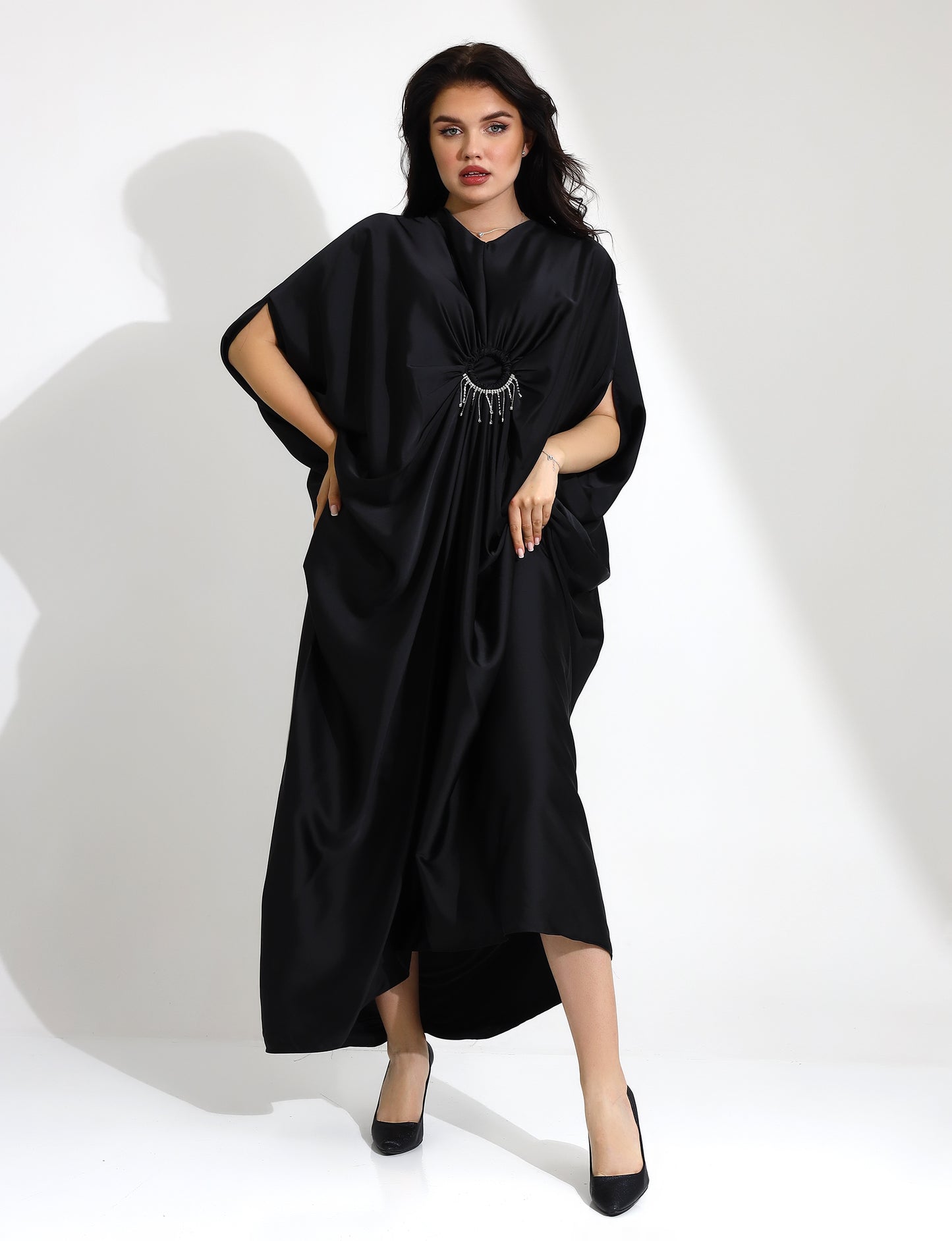 Elegant Black Satin Kaftan with Rhinestone Detailing