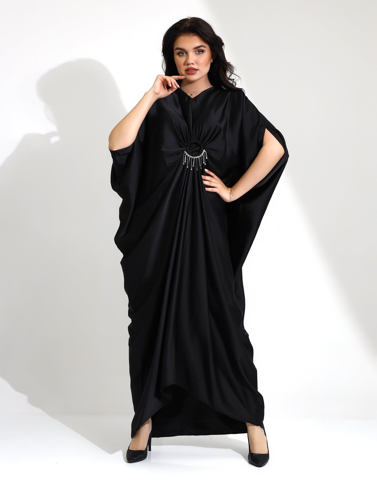 Elegant Black Satin Kaftan with Rhinestone Detailing