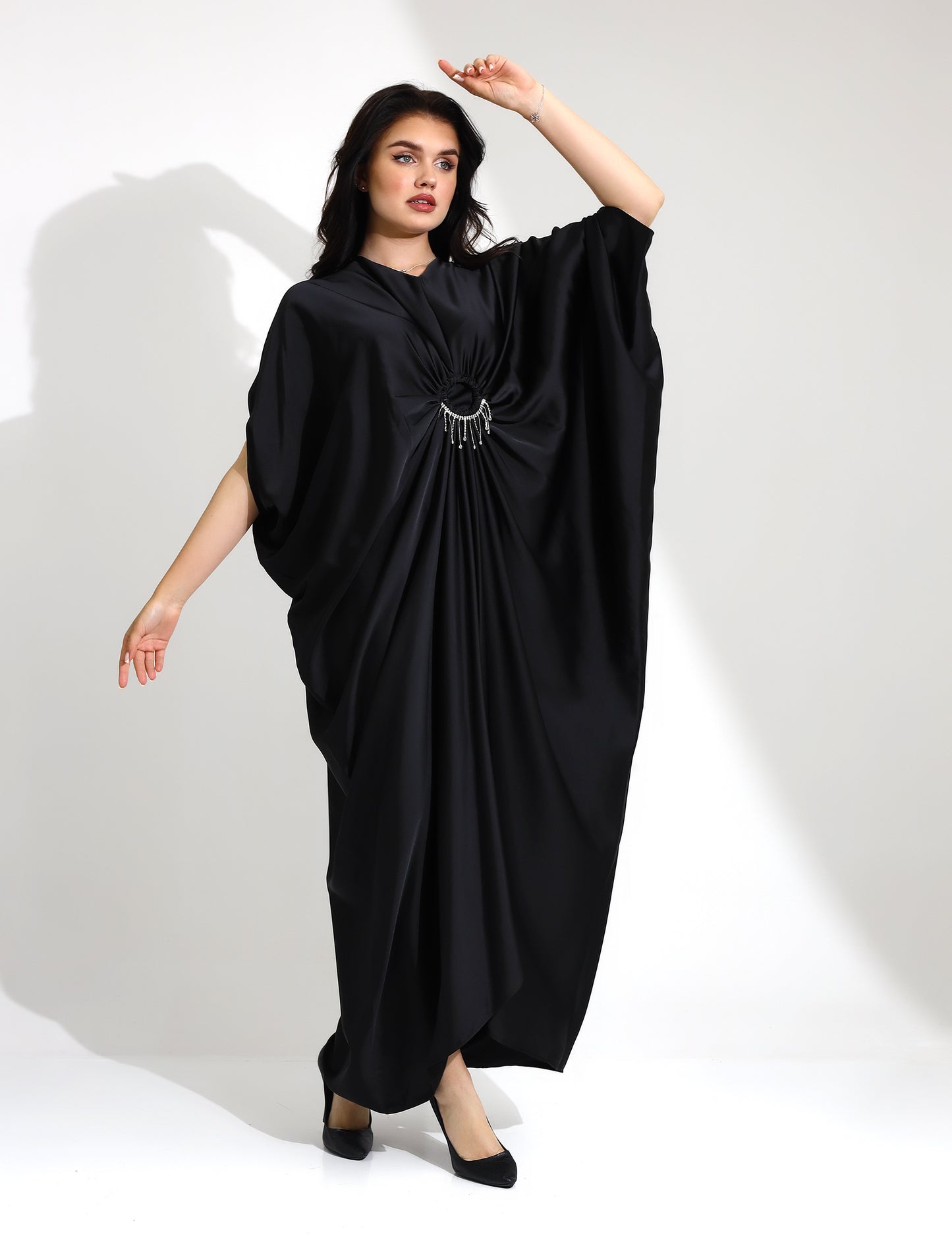 Elegant Black Satin Kaftan with Rhinestone Detailing
