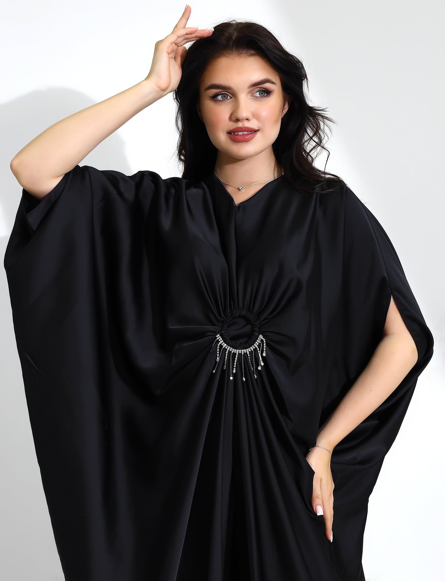 Elegant Black Satin Kaftan with Rhinestone Detailing