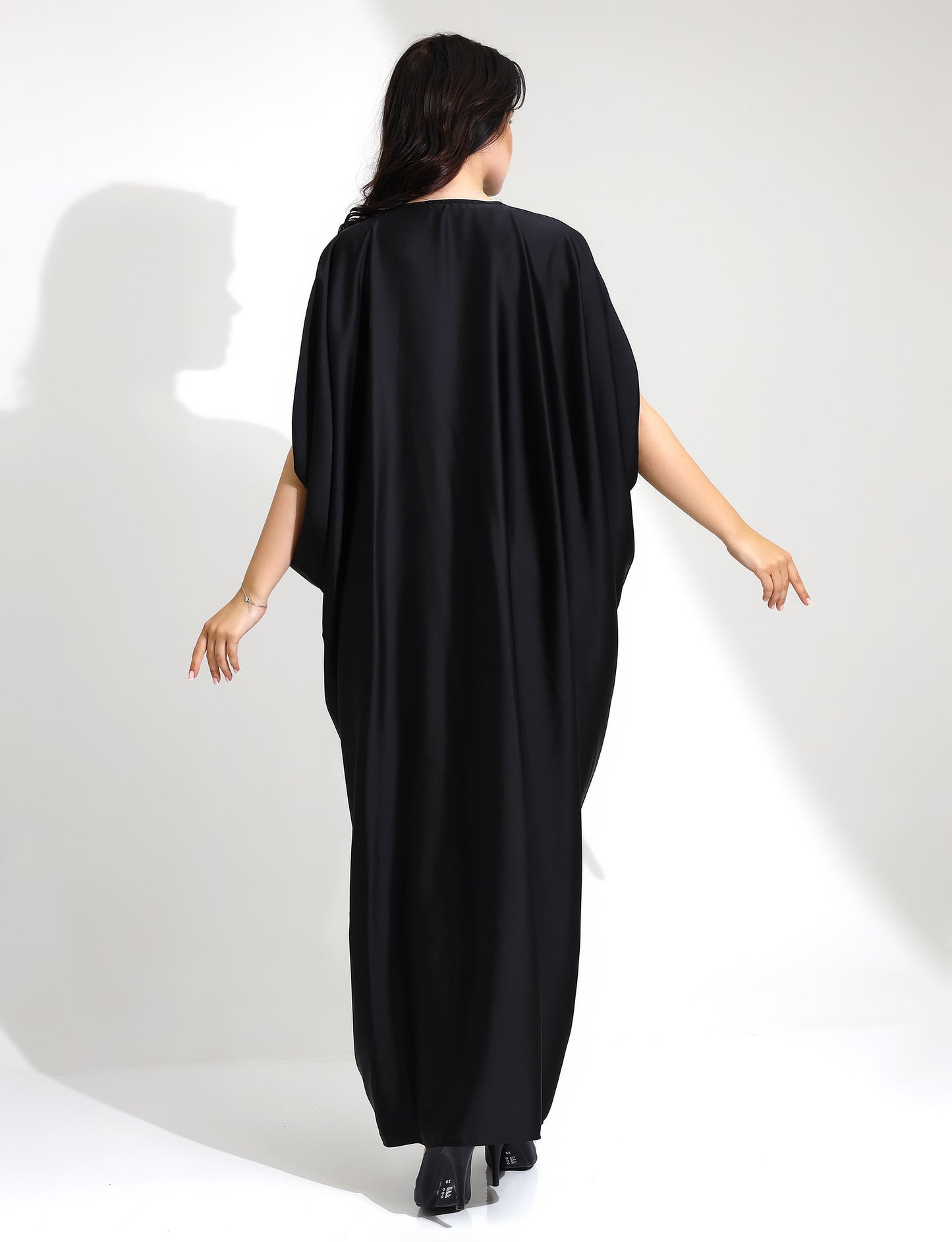 Elegant Black Satin Kaftan with Rhinestone Detailing