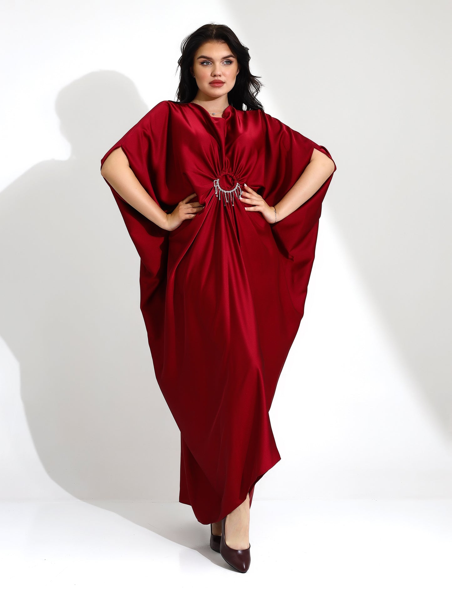 Elegant Burgundy Kaftan Dress with Embellished Detail