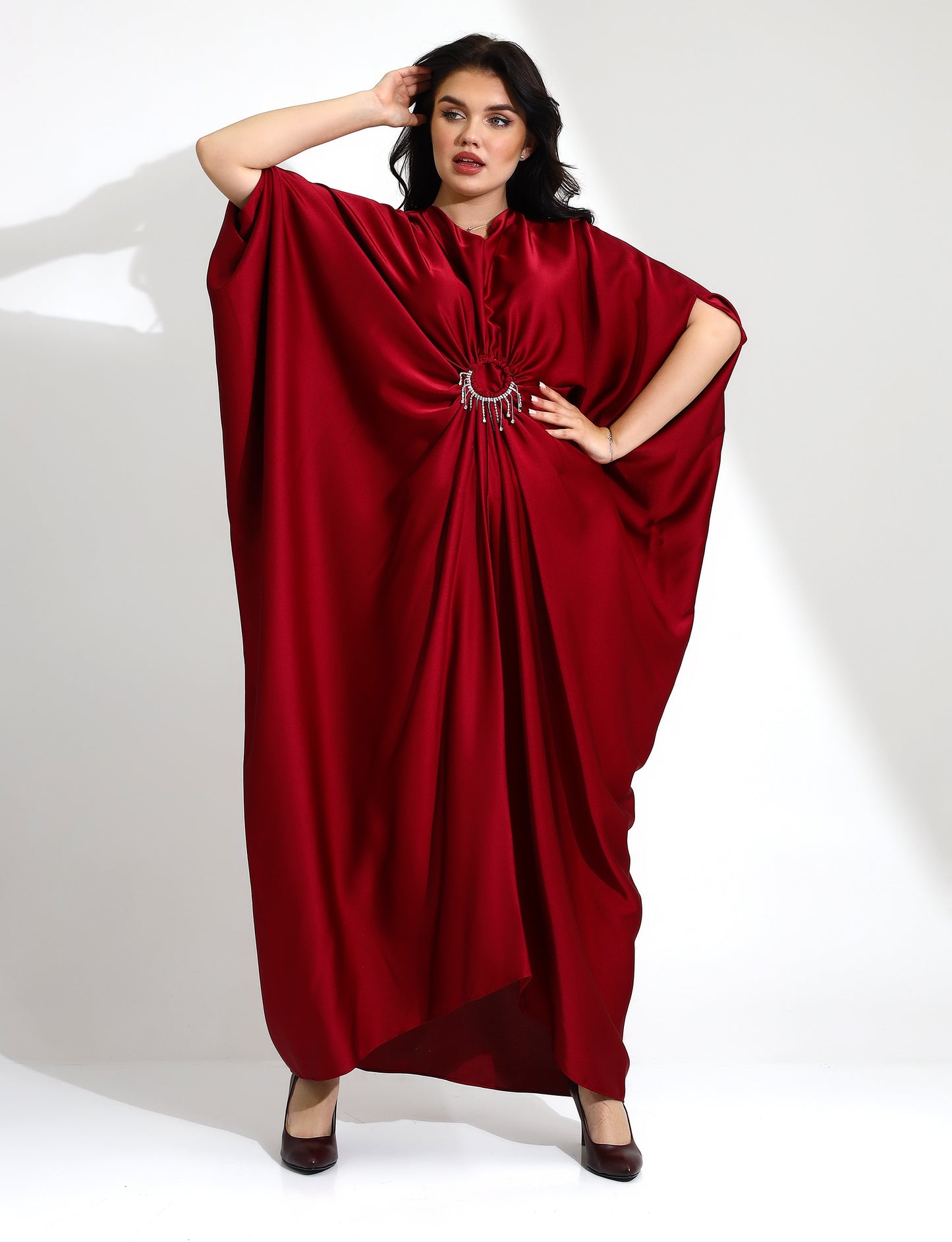 Elegant Burgundy Kaftan Dress with Embellished Detail